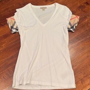 Burberry White V-Neck Top with Patterned Sleeves